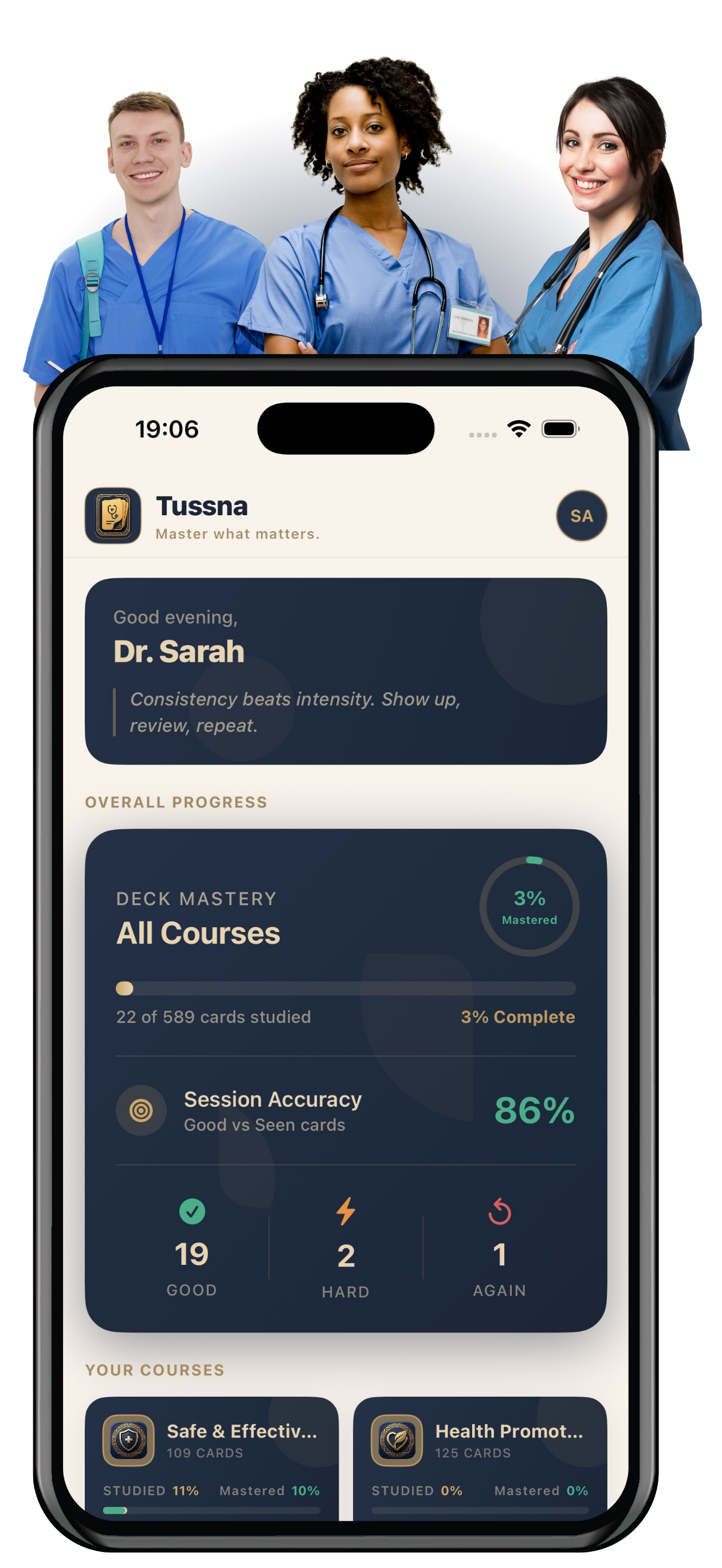Tussna app showing a pharmacology flashcard with spaced repetition review